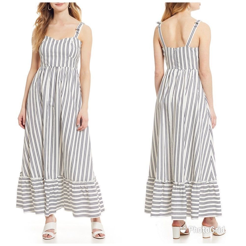 GIANNI BINI Striped Maxi Dress Sleeveless Tiered Prairie Ivory Navy Size 2 4 New - Picture 12 of 12